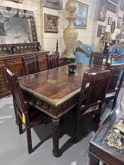 solid wood teak dining table with 6 chairs mirroe and dersoir
