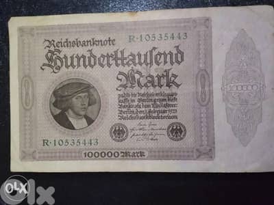 German Deutsch Reich Bank note 100 000 Mark year 1923 Berlin mint