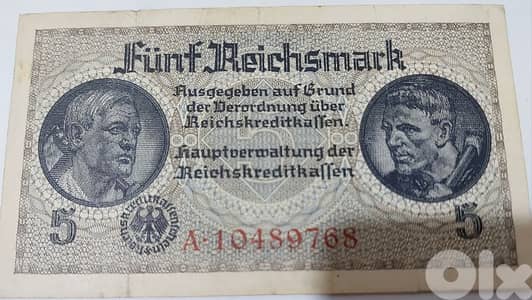 Nazi German Banknote Five Reich Mark WW II Hitler Era with Sawastica