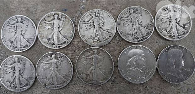 set of ten Silver USA Half Dollars walking Liberty& Franklin