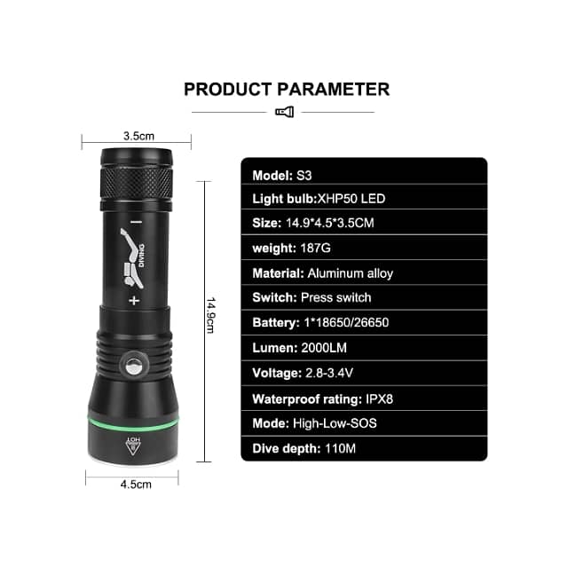 S3 Scuba Diving Flashlight, 2000 Lumen, 110m Diving Torch 4