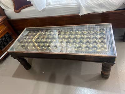 solid wood teak table with copper