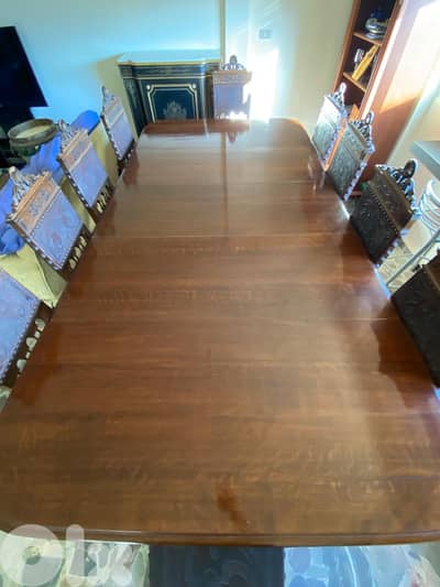 Antique high quality wooden dining table + 10 chairs