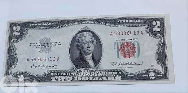 Two USA Dollars Red Seal Banknote  Jefferson Memorial year 1953