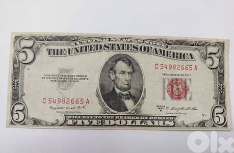 USA Five Dollars Banknote Red Seal year 1953 very fine