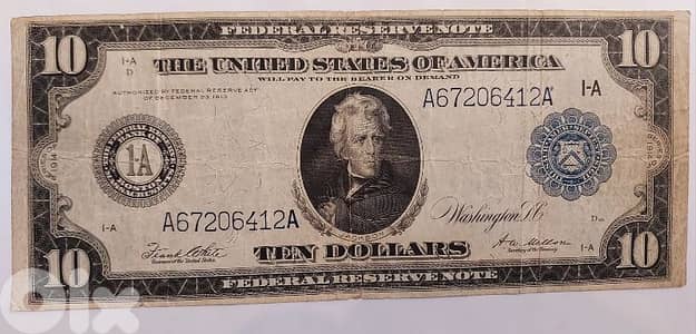 USA Large Ten Dollars Banknote 1st mint"president Jackson" 1914
