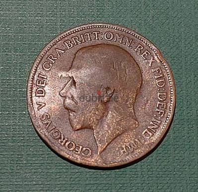 1919 England king George V one Penny bronze coin