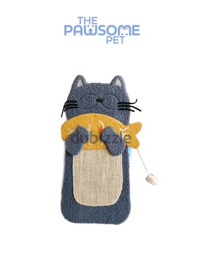 Pawsome's cat scratcher. cat holding fish