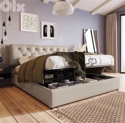Double Bed, Adjustable Headboard, Bed with Metal Slatted Base