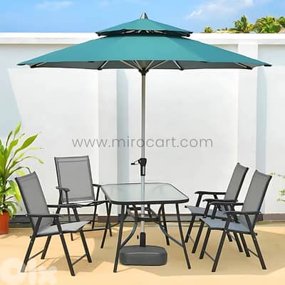 Modern Outdoor Table Set for 4–6 w/ Chairs, Glass Top & Umbrella Hole