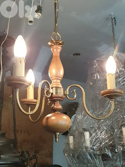 bronze and wood 3 lamps chandelier