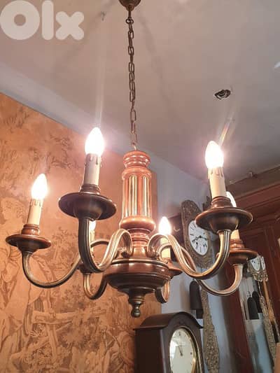 wood and brass chandelier