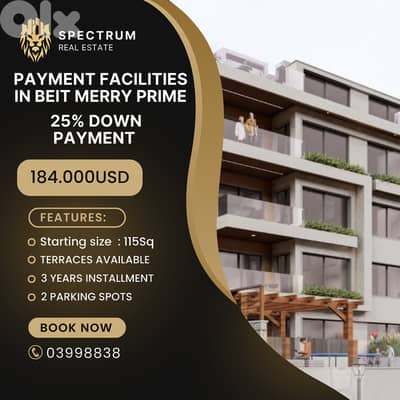 PAYMENT FACILITIES IN BEIT MERRY PRIME 25% DOWN PAYMENT, (BM-249)