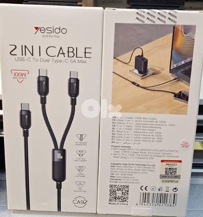 YESIDO 2 IN 1 CABLE USB-C TO DUAL TYPE-C 5A MAX (100W MAX OUTPUT) CA92