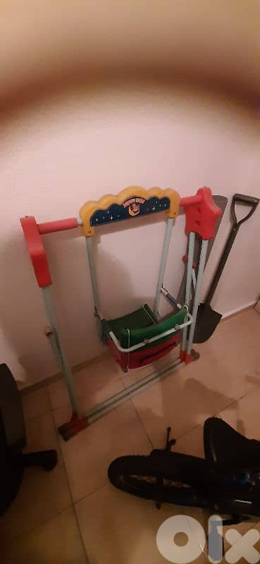scooter, blue chair, swing for kids