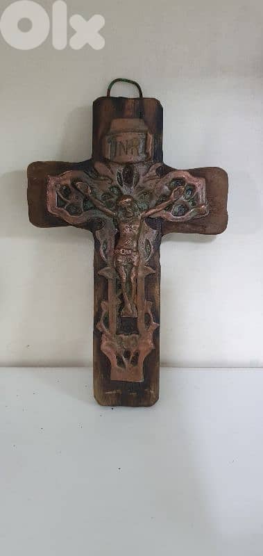 vintage cross hand made copper & wood