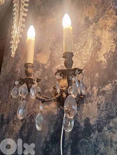 pair of czech bronze and crystal wall lights
