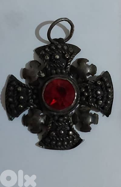 Silver Cross Ruby Sapphire Crusader Jerusalem  pendant 3 cm&  6.1 gram