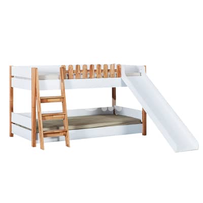 Wooden Toddler Double Bed With House Tent-سرير خشبي مزدوج وسلّم وزلاجة