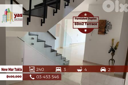 New Mar Takla 240m2 | 60m2 Terrace | Furnished Duplex | Decorated | OH