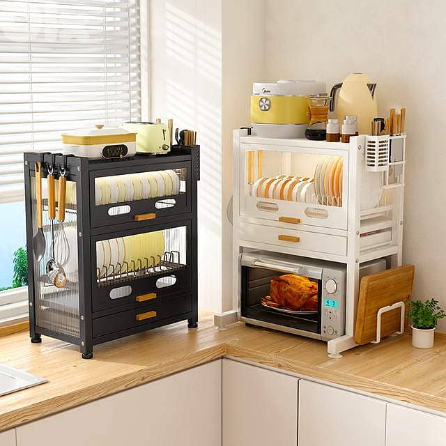 Carbon Steel Microwave Stand & Sealed Dish Cabinet with Knife Holder 1