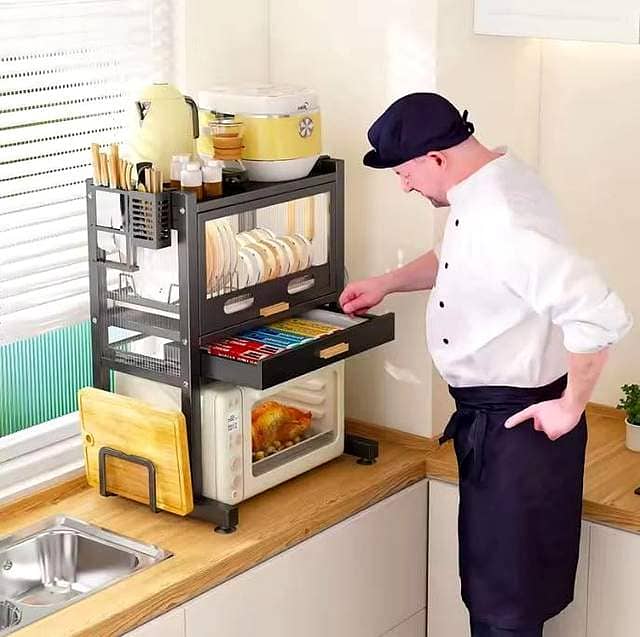 Carbon Steel Microwave Stand & Sealed Dish Cabinet with Knife Holder 5