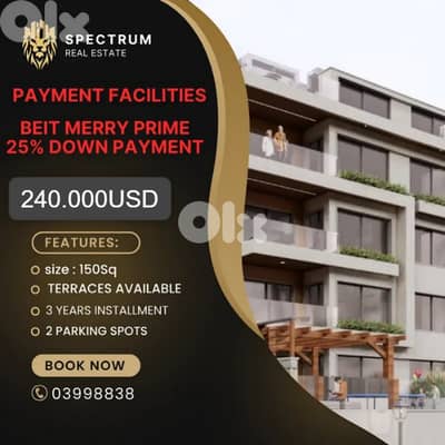 25% DOWN PAYMENT PAYMENT FACILITIES IN BEIT MERRY PRIME , (BM-249)