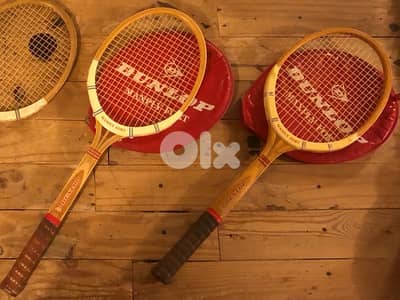 4 Vintage Wooden Tennis Rackets – 3 Dunlop (2 with Original Covers)