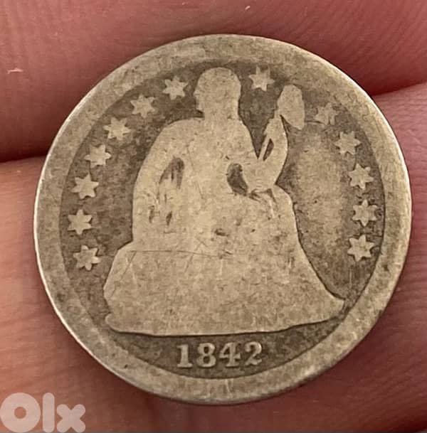عملة قديمة واحد دايم أميركي فضة سنة ١٨٤٢ seated Liberty dime 1