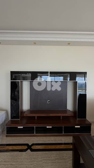 wood brown and black TV unit