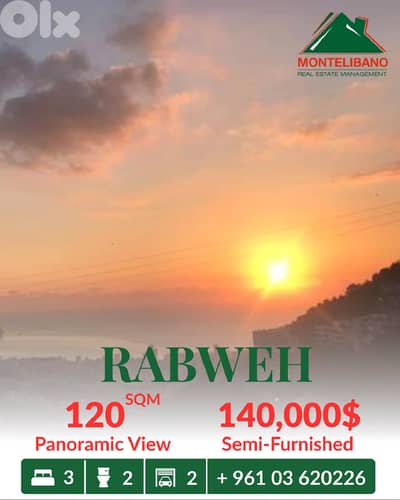 Semi-Furnished 120sqm Apartment For Sale in Rabweh with Panoramic View