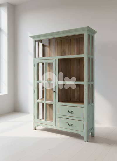 Rustic Olive Green Cabinet: Glass Door, Open Shelving & 2 Drawers