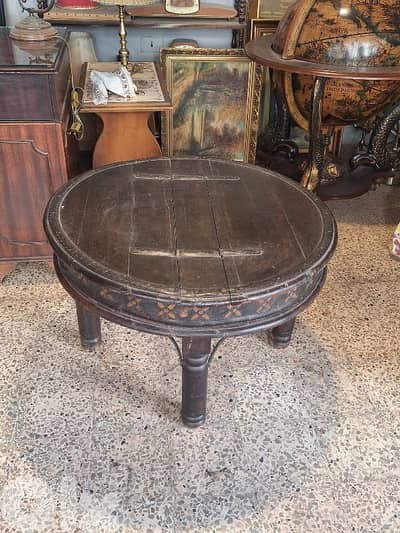 antique rustic round solid wood and bronze table