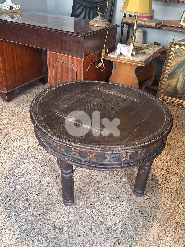 antique rustic round solid wood and bronze table 1
