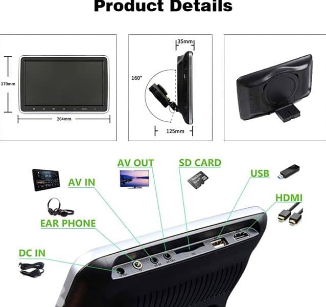 10.1 Inch Car Headrest Mount Monitor DVD Player-Dual Audio Video HDMI 9