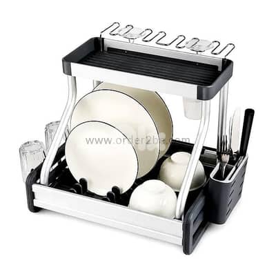 2-Tier Aluminum Dish Rack with Wine Glass Holder