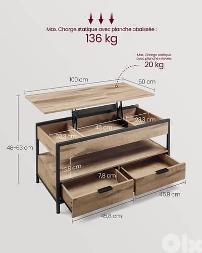 VASAGLE Coffee Table, Living Room Table with Lift Up