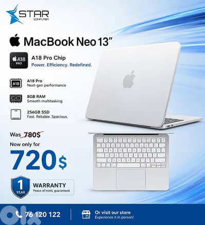 Apple MacBook Neo 13″ A18 Pro - 8GB RAM, 256GB SSD - Silver