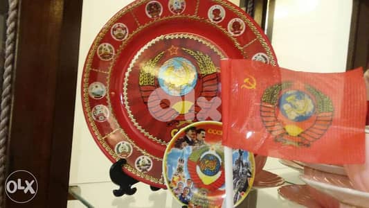 USSR Handmade Memorial plates diam20 cm & 8 cm + Small USSR Flag