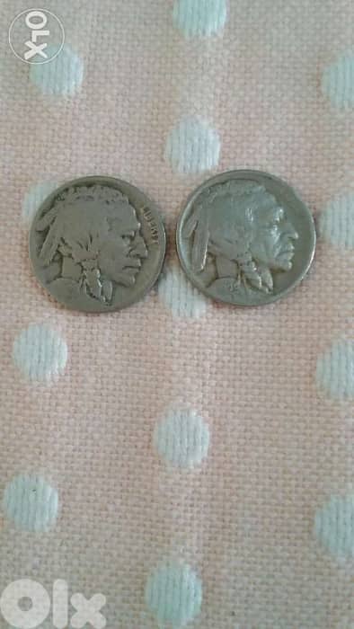 Two USA Buffalo Indian Head Five cents Nickel year 1929
