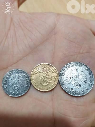 set of three German Nazi coins of WW2 era of the 3rd Adolph Hitler