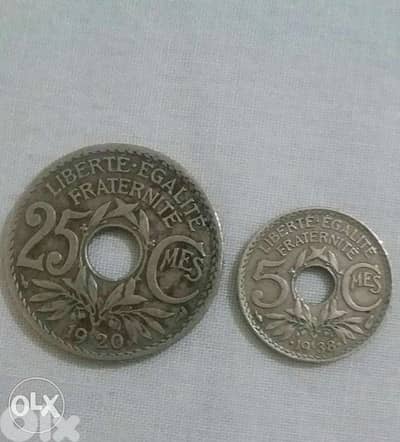 Two French Francs Coins with holes 25 & 5 centimes year 1920& 1938