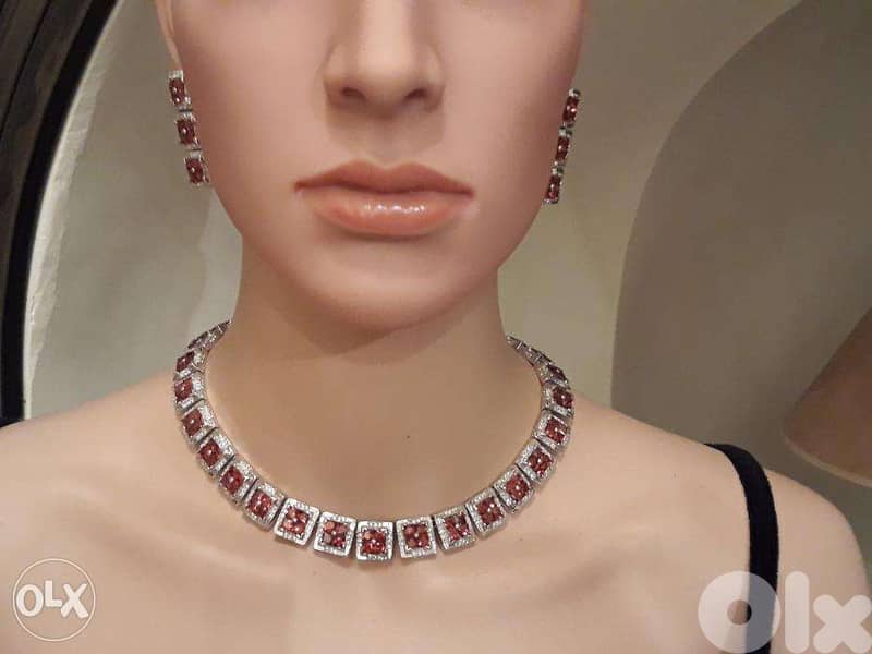 Faux Bijoux Square Ruby & Zircon Silver Necklace & Earrings 5