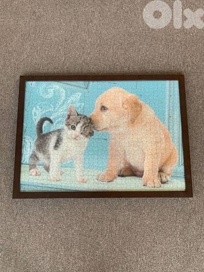 Puzzle Dog & cat with a wooden frame and glass