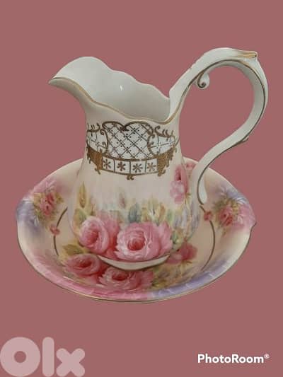 Antique Meander porcelain pitcher and bassin hand painted