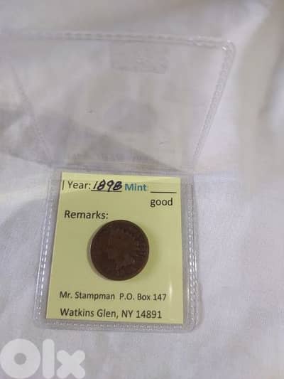 Indian Head USA cent year 1898 Dealer Certified