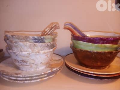 set of 6 fancy porcelain soup bowls + porcelain spoons