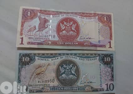 two banknotes Trinidad & Tobago  in the Caribibean sea in America